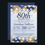 80th Birthday Navy Gold Balloons Party Invitation<br><div class="desc">A stylish 80th birthday Party Invitation . Design features navy blue and gold balloons, Gold glittery starts and navy blue text all on a pale blue gradient background. A lovely design inviting your guests to join you for a 80th birthday party celebration. Easy to customize with your own party details....</div>
