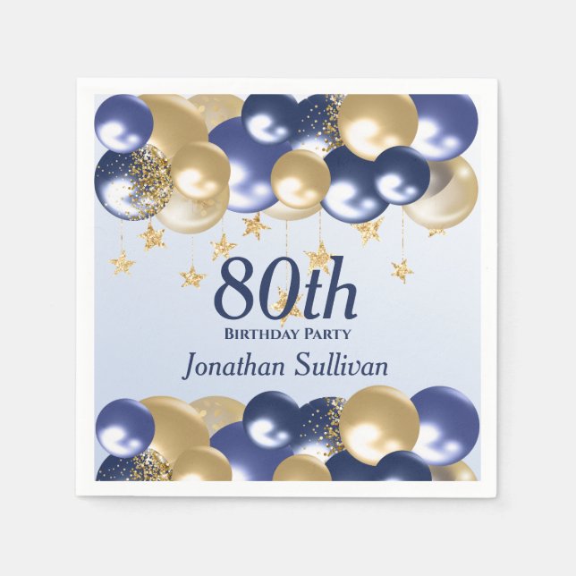80th Birthday Navy Gold Balloons Party Napkin (Front)
