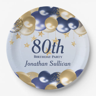 80th Birthday Navy Gold Balloons Party Paper Plate
