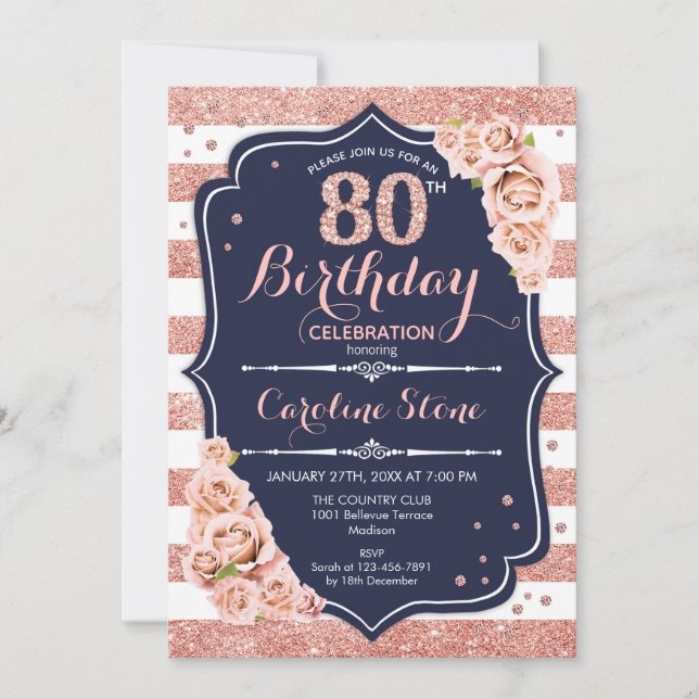 80th Birthday - Navy Rose Gold and White Stripes Invitation (Front)