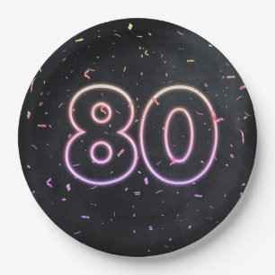 80th Birthday Neon Sign On Black Paper Plate