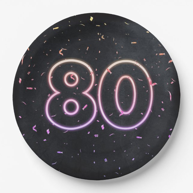 80th Birthday Neon Sign On Black Paper Plate (Front)