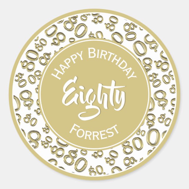 80th Birthday Number 80 Pattern Gold and White Classic Round Sticker (Front)