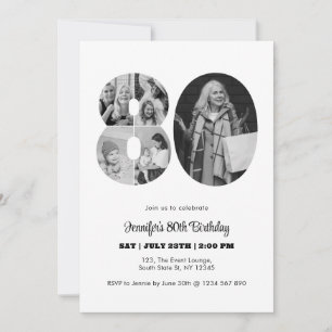 80th Birthday Number 80 Photo Collage Black White Invitation