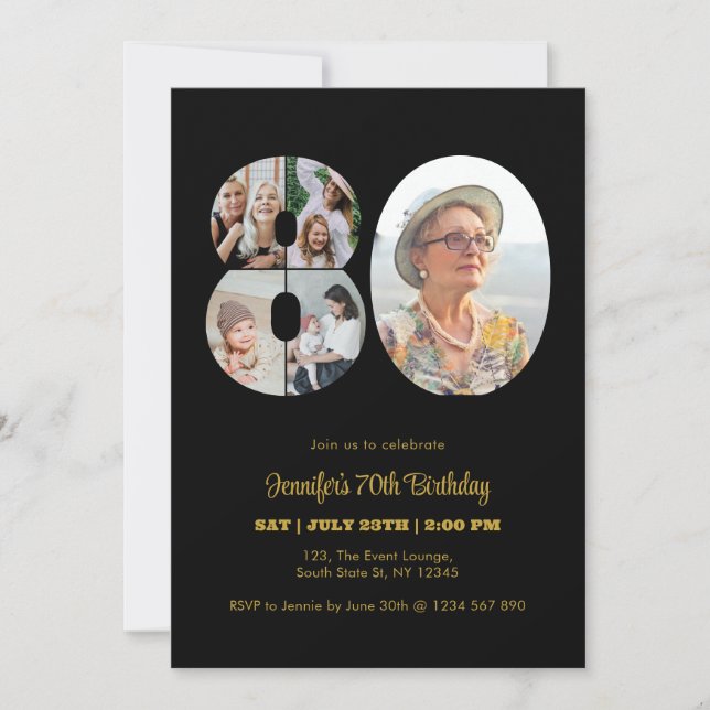 80th Birthday Number 80 Photo Collage Modern Black Invitation (Front)