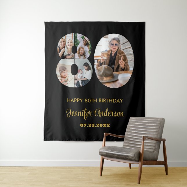 80th Birthday Number 80 Photo Collage Modern Black Tapestry (In Situ)