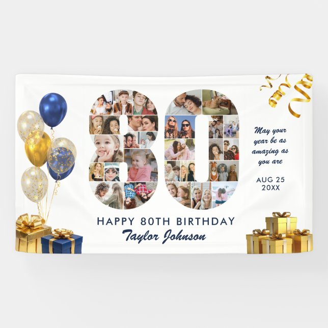 80th Birthday Number 80 Photo Collage White Gold Banner (Horizontal)