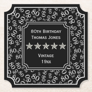 80th Birthday Number Pattern Black/White Paper Coaster