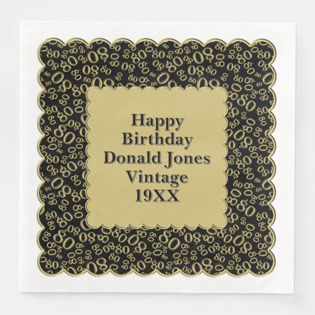 80th Birthday Number Pattern Scallops Gold/Black Napkin (Front)