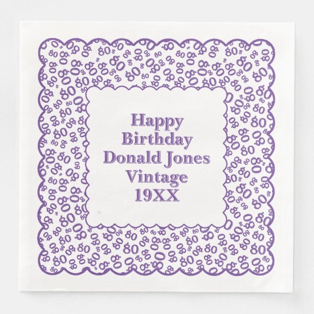 80th Birthday Number Pattern Scallops Purple/White Napkin (Front)