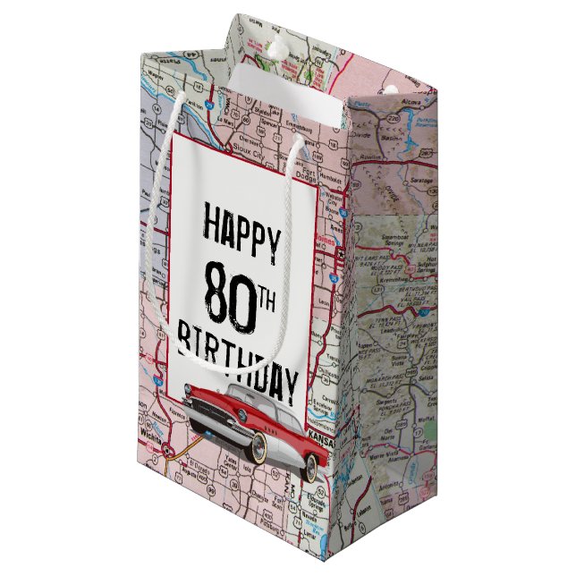 80th Birthday Old Buick On Map Small Gift Bag (Front Angled)