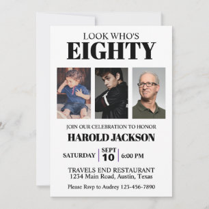 80th Birthday or Any Age Birthday Photo Invitation