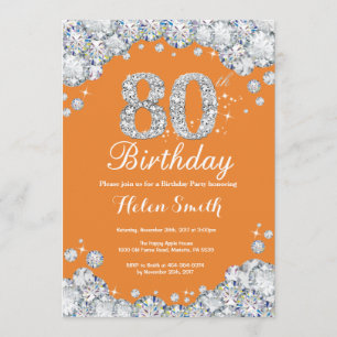 80th Birthday Orange and Silver Diamond Invitation