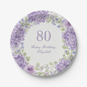 80th Birthday Paper Plates Elegant Purple Floral
