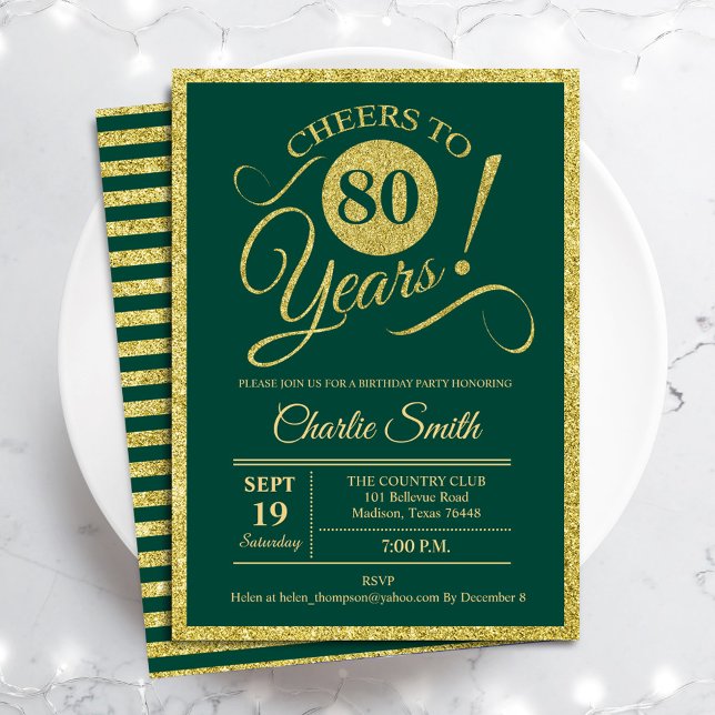 80th Birthday Party - ANY AGE Gold Green Invitation (Creator Uploaded)