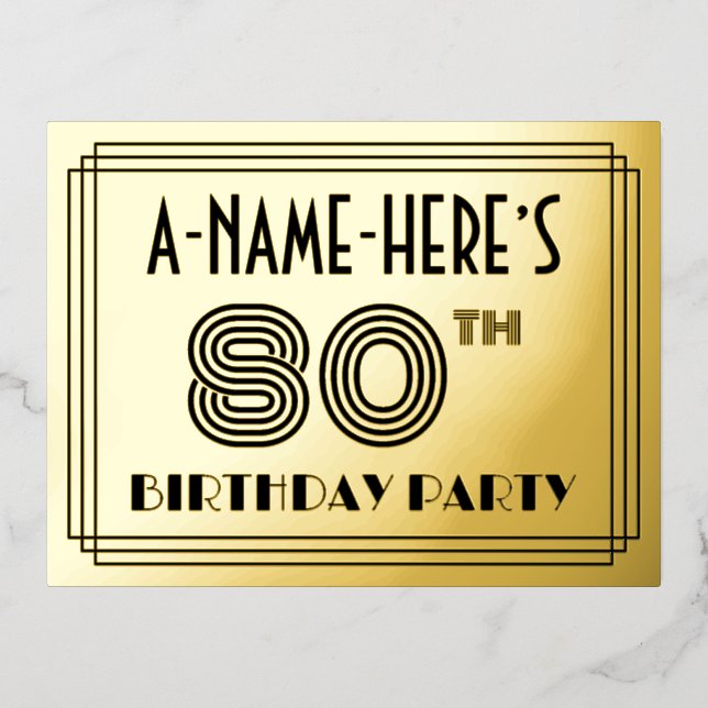 80th Birthday Party ~ Art Deco Style “80” + Name Foil Invitation Postcard (Front)