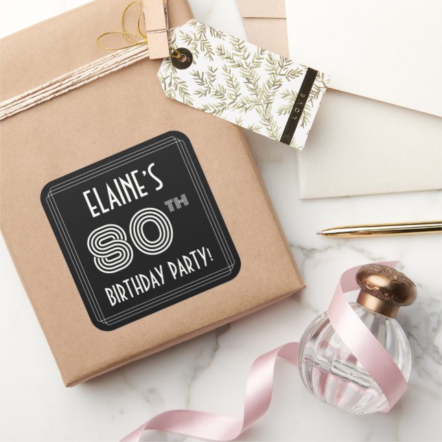 80th Birthday Party: Art Deco Style & Custom Name Square Sticker (Gifting)
