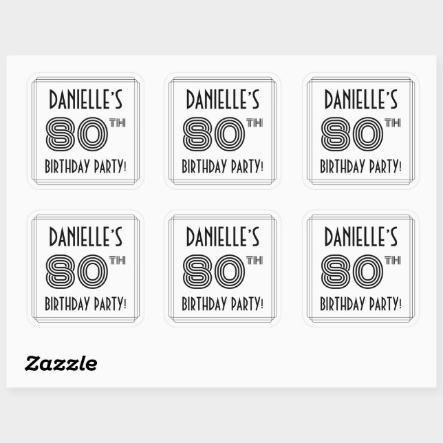 80th Birthday Party: Art Deco Style + Custom Name Square Sticker (Sheet)