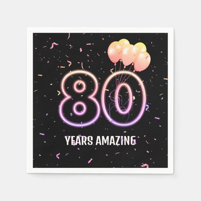 80th Birthday Party Balloons and Confetti Napkin (Front)