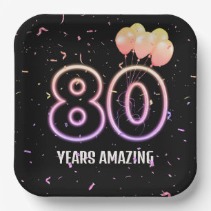 80th Birthday Party Balloons and Confetti Paper Plate