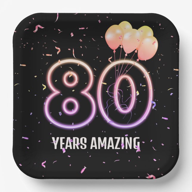 80th Birthday Party Balloons and Confetti Paper Plate (Front)