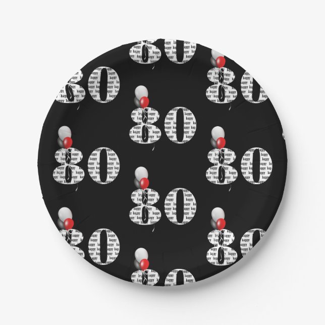 80th birthday party balloons on black paper plate (Front)