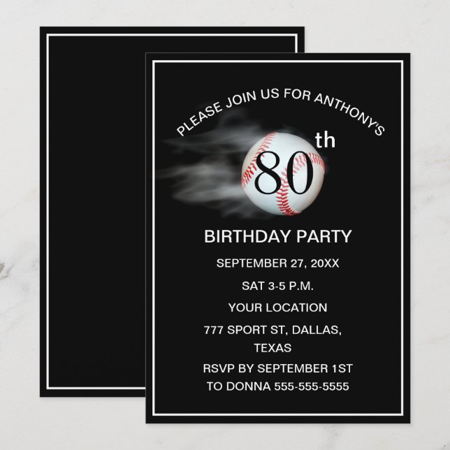80th Birthday Party Baseball Black Dad Sport  Invitation (Front/Back)