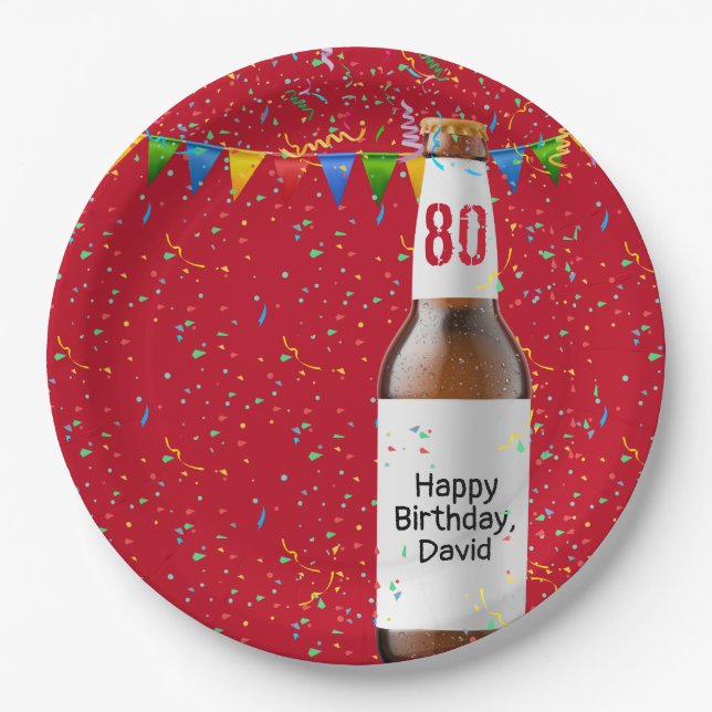 80th Birthday Party Beer Bottle Paper Plate (Front)