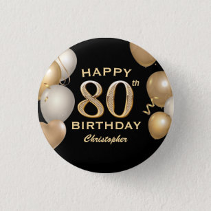 80th Birthday Party Black and Gold Balloons 3 Cm Round Badge