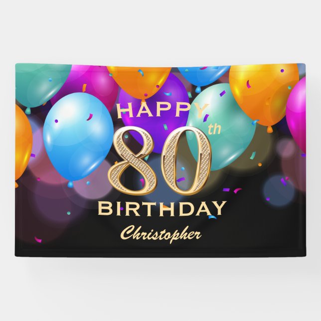 80th Birthday Party Black and Gold Balloons Banner (Horizontal)