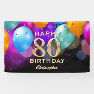 80th Birthday Party Black and Gold Balloons Banner
