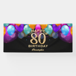 80th Birthday Party Black and Gold Balloons Banner