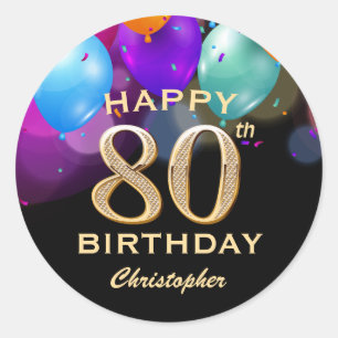 80th Birthday Party Black and Gold Balloons Classic Round Sticker
