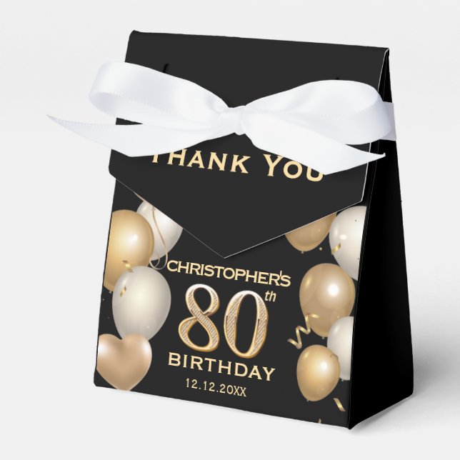 80th Birthday Party Black and Gold Balloons Favour Box (Front Side)