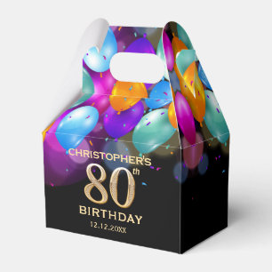80th Birthday Party Black and Gold Balloons Favour Box