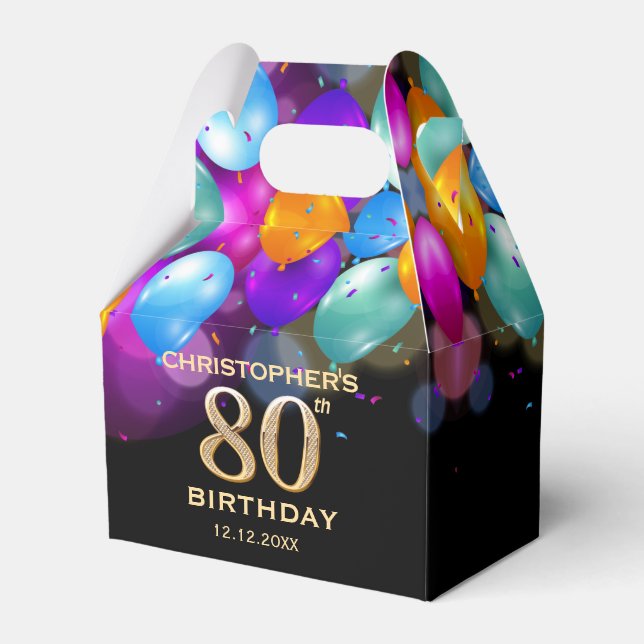 80th Birthday Party Black and Gold Balloons Favour Box (Front Side)
