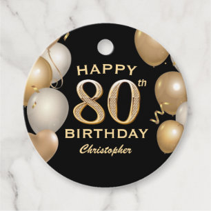 80th Birthday Party Black and Gold Balloons Favour Tags