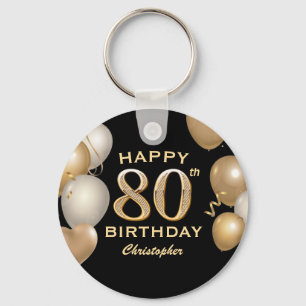 80th Birthday Party Black and Gold Balloons Key Ring
