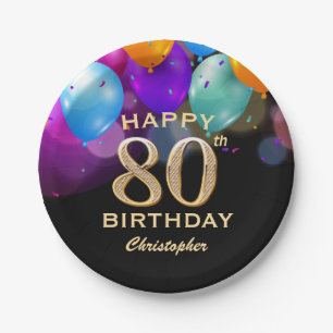 80th Birthday Party Black and Gold Balloons Paper Plate