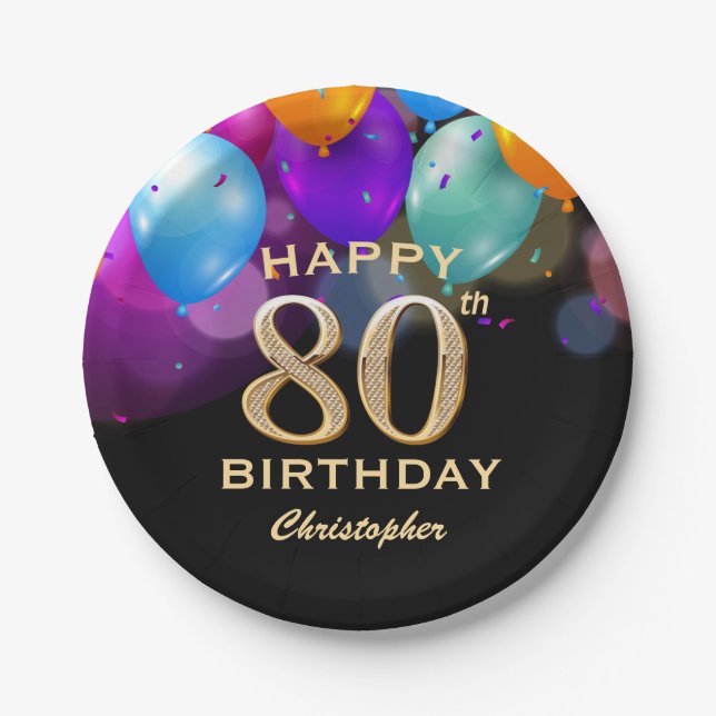80th Birthday Party Black and Gold Balloons Paper Plate (Front)