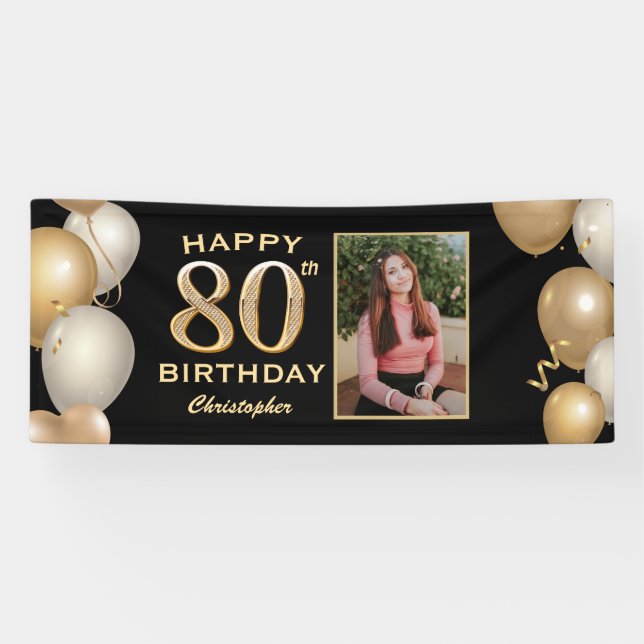 80th Birthday Party Black and Gold Balloons Photo Banner (Horizontal)