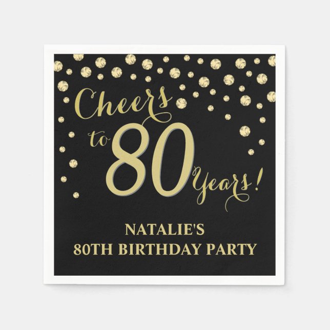 80th Birthday Party Black and Gold Diamond Napkins (Front)
