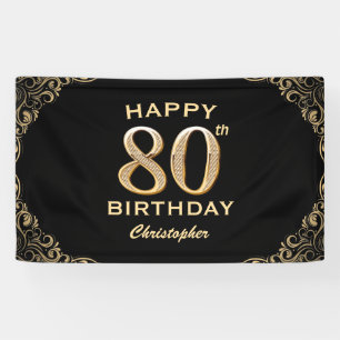 80th Birthday Party Black and Gold Glitter Frame Banner