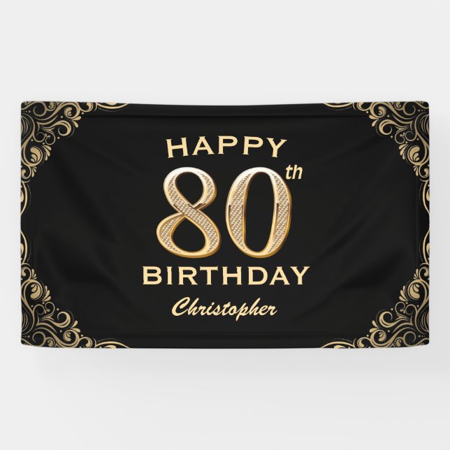 80th Birthday Party Black and Gold Glitter Frame Banner (Horizontal)