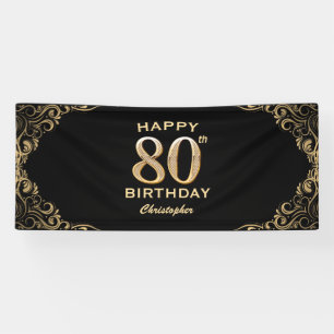 80th Birthday Party Black and Gold Glitter Frame Banner