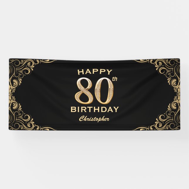 80th Birthday Party Black and Gold Glitter Frame Banner (Horizontal)