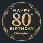 80th Birthday Party Black and Gold Glitter Frame Classic Round Sticker<br><div class="desc">80th Birthday Party Black and Gold Glitter Frame Sticker. For further customisation,  please click the "Customise it" button and use our design tool to modify this template.</div>