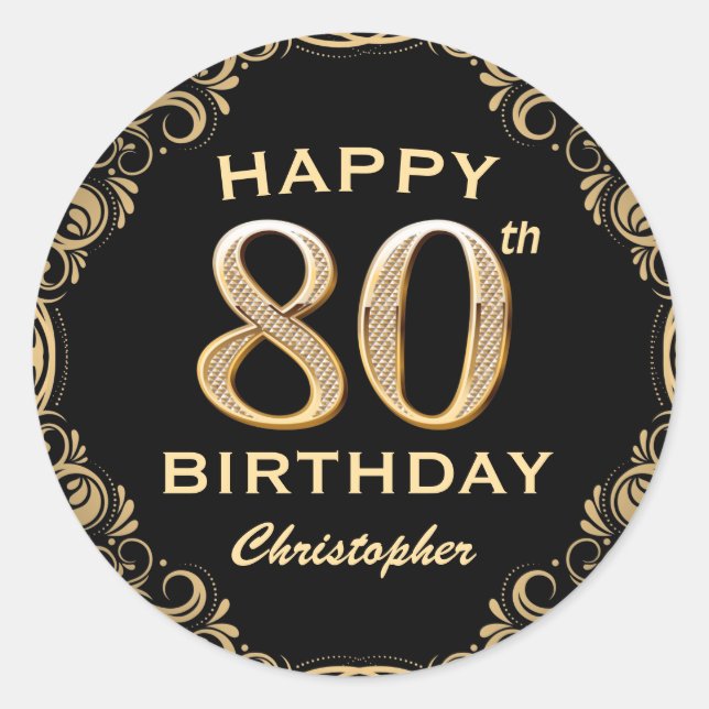 80th Birthday Party Black and Gold Glitter Frame Classic Round Sticker (Front)
