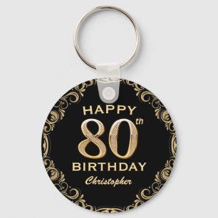 80th Birthday Party Black and Gold Glitter Frame Key Ring