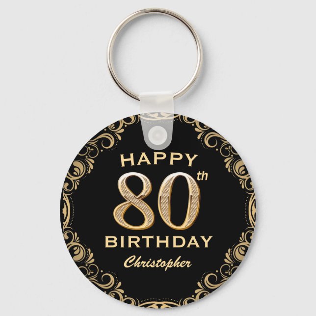 80th Birthday Party Black and Gold Glitter Frame Key Ring (Front)